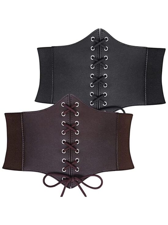 Spuly Accessories - 2 Pack Black & Brown Leather Elastic Wide Stretch Belts Corset Halloween Costume